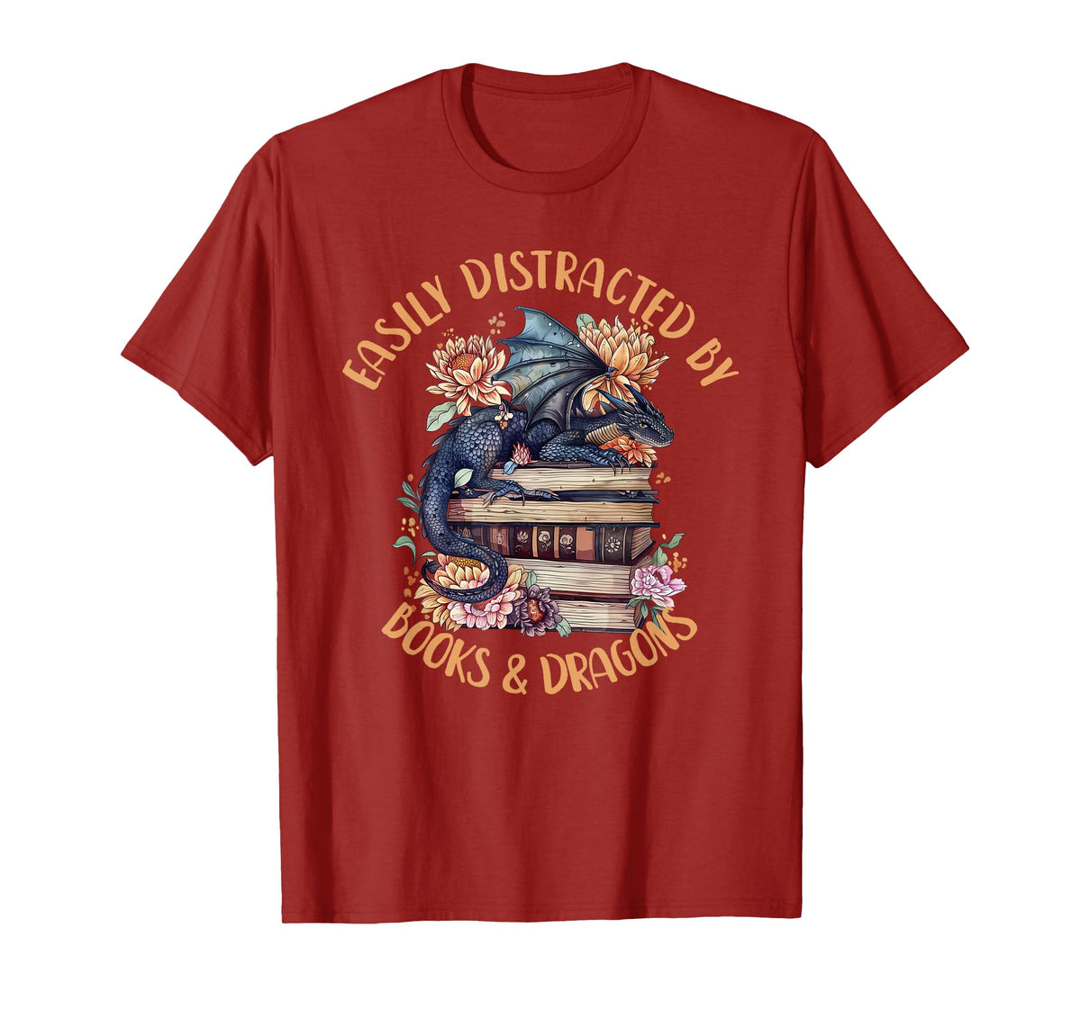 Easily Distracted By Books & Dragons Romantasy Book Lover T-Shirt