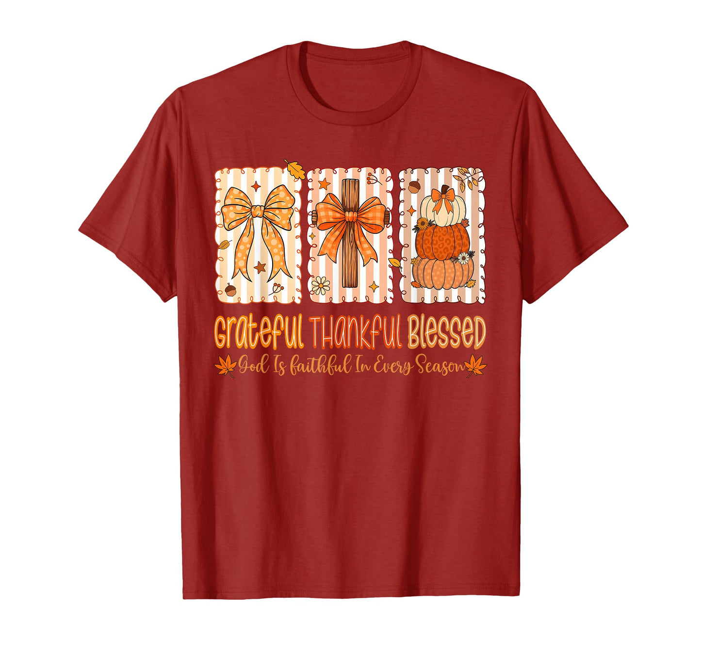 Grateful Thankful Blessed God Faith Autumn Pumpkin Bow T-Shirt