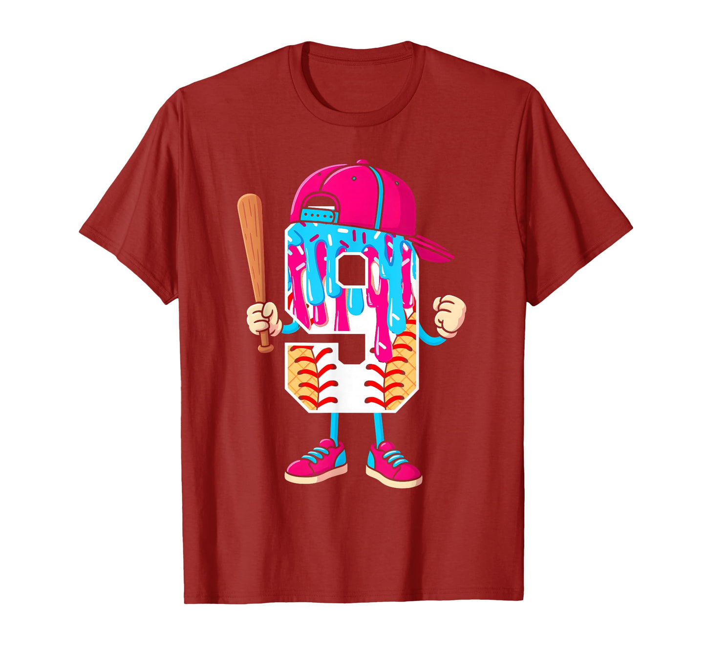 Baseball 9 Year Old Ice Cream Drip 9th Birthday Boy Number 9 T-Shirt