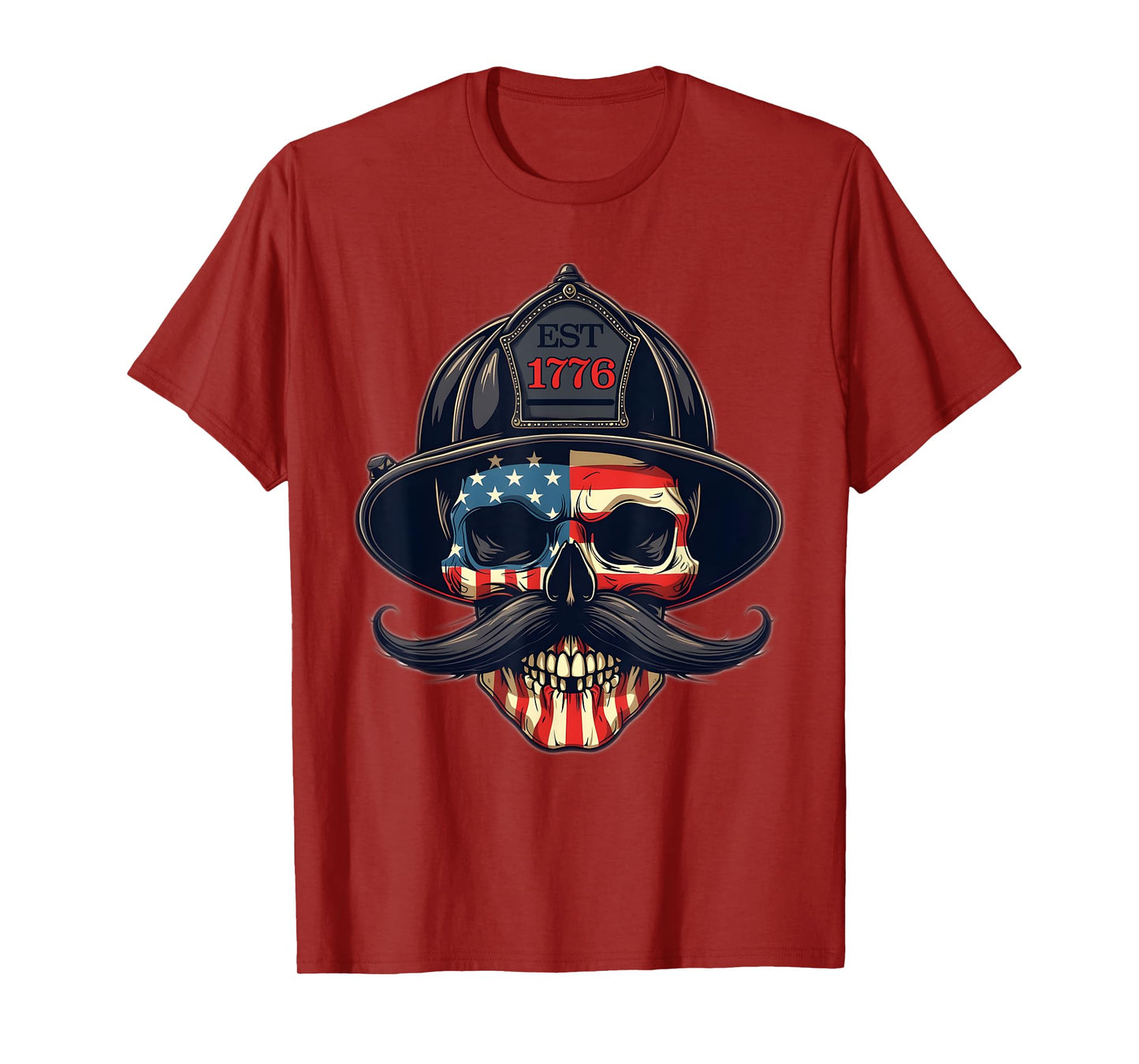 Firefighter Skull Mustache Fire Fighter Fireman USA Flag T-Shirt