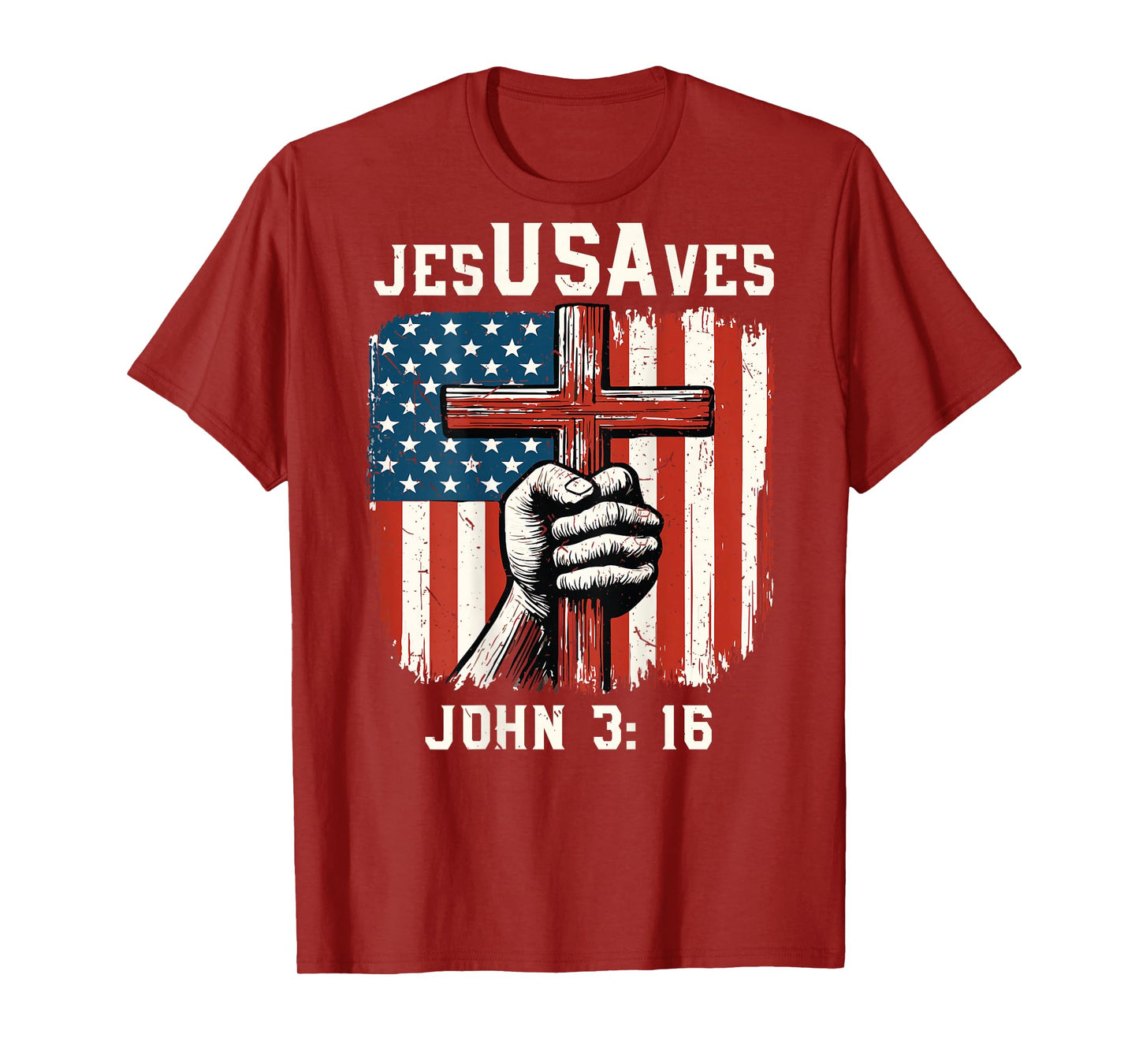 On-Back Jesus Saves USA Flag Patriotic Christian Faith Cross T-Shirt