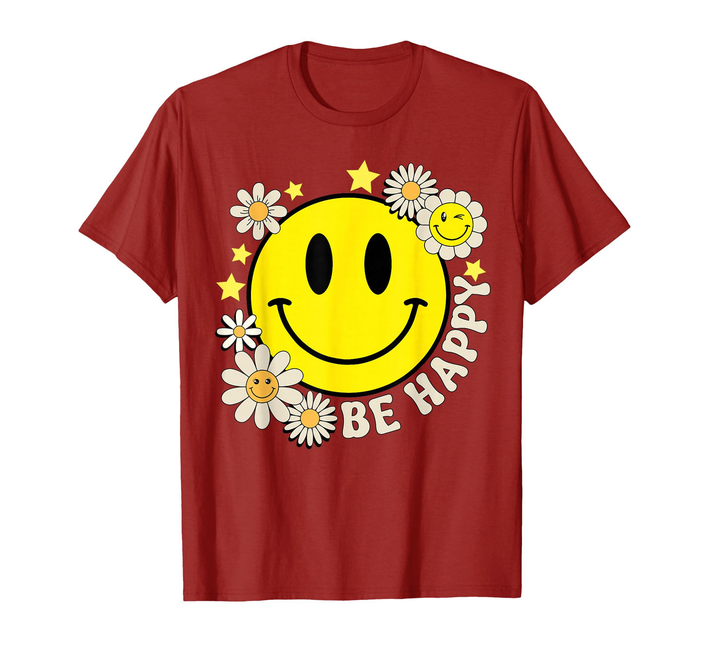Retro Groovy Be Happy Smile Face Daisy Flower 70s T-Shirt