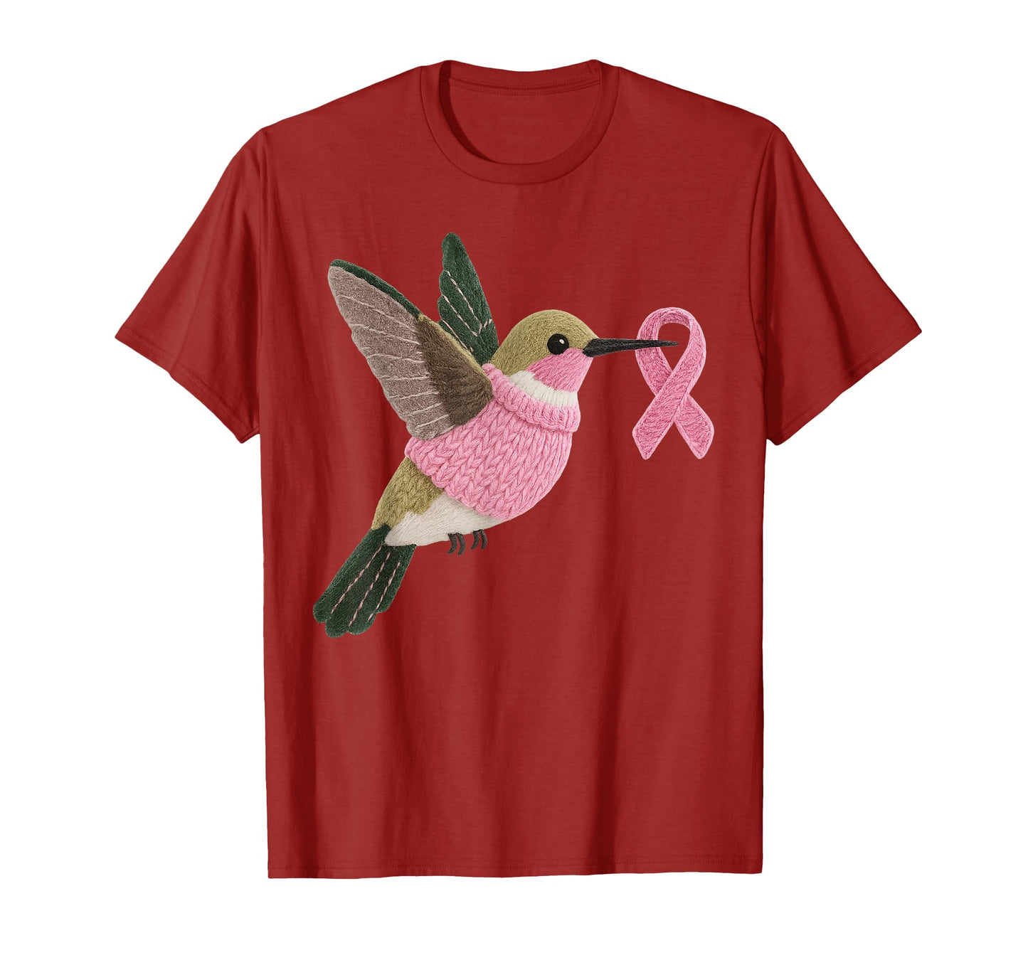 Hummingbird Pattern Felt Art Pink Ribbon Breast Cancer T-Shirt