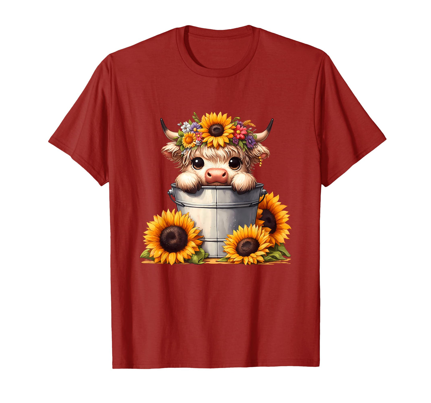 Cute Baby Highland Cow with Sunflowers in Bucket, Calf T-Shirt