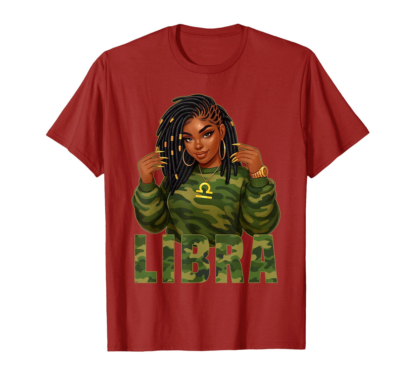 Libra Queen Loc'd Black Woman Camo Zodiac Sign T-Shirt