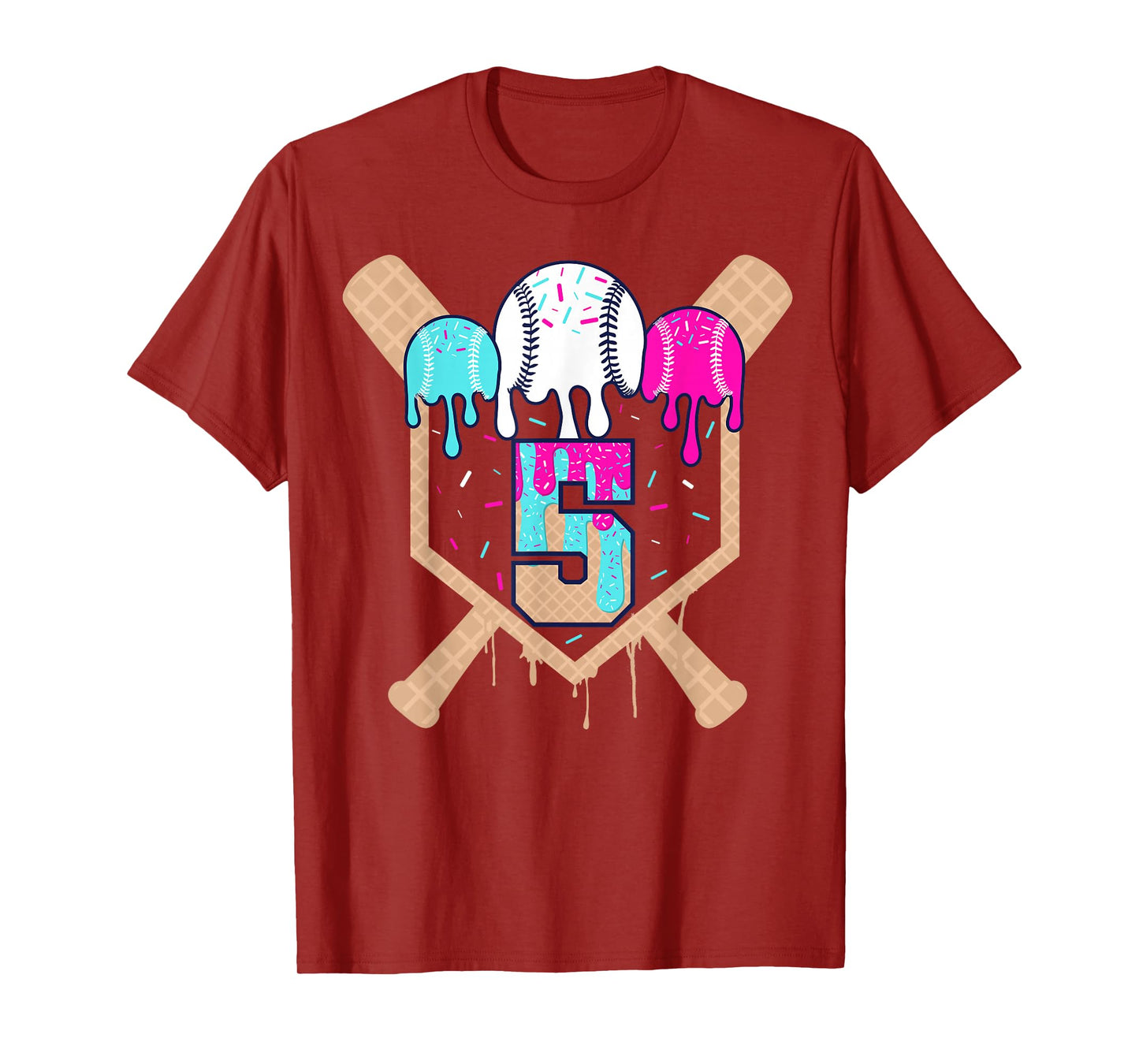 Baseball 5 Year Old Ice Cream Drip 5th Birthday Boy Number 5 T-Shirt