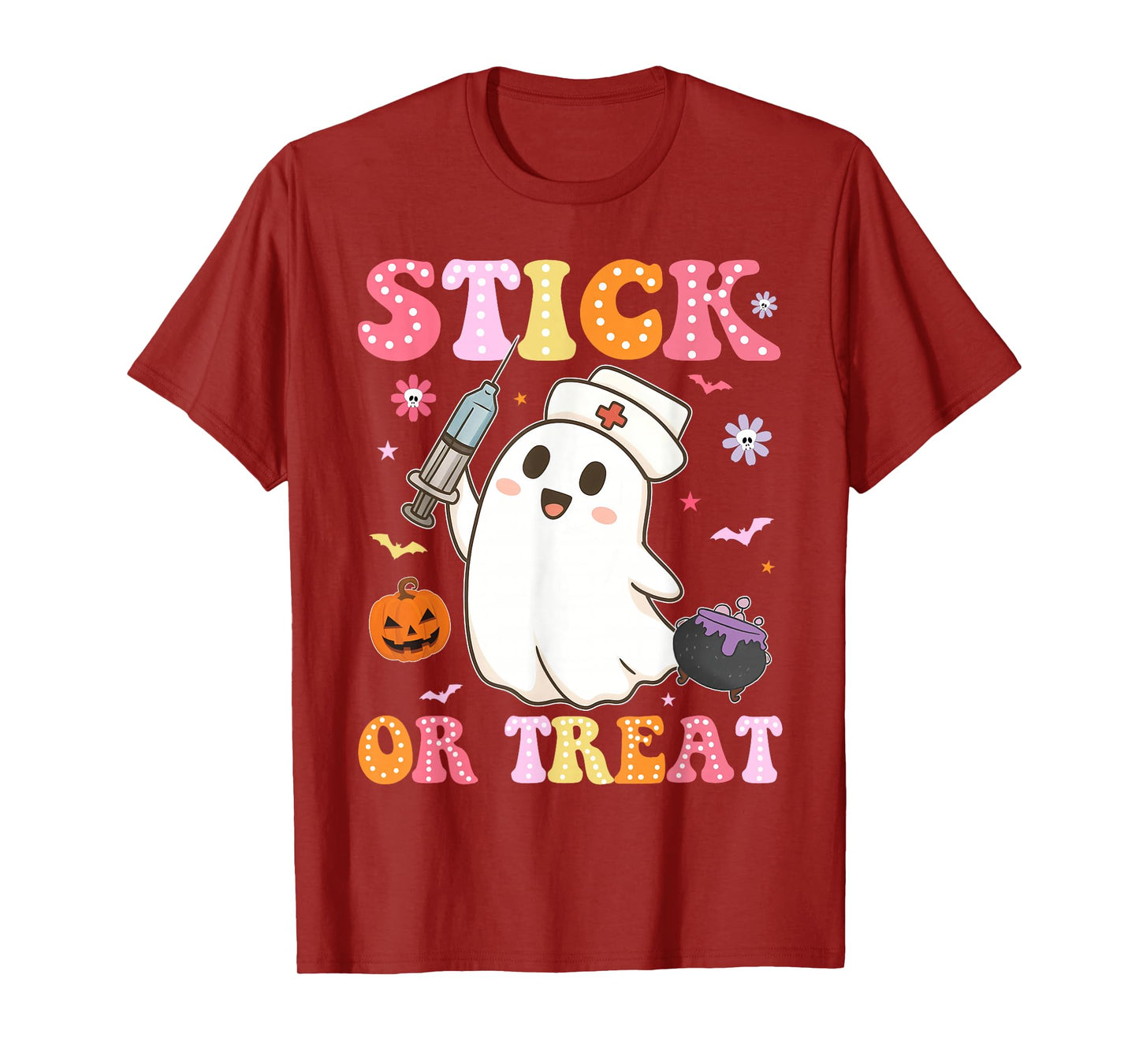 Funny Stick Or Treat Cute Nurse Ghost Halloween Crew Women T-Shirt