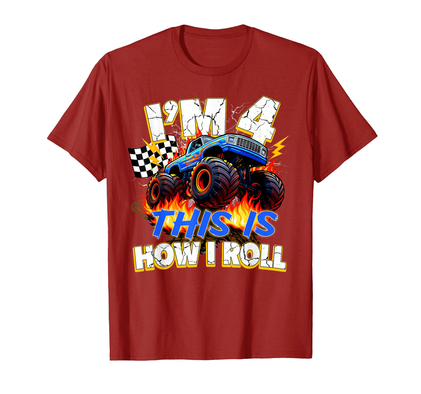 Funny 4 Year Old Birthday Boy Monster Truck 4th Bday Kids T-Shirt