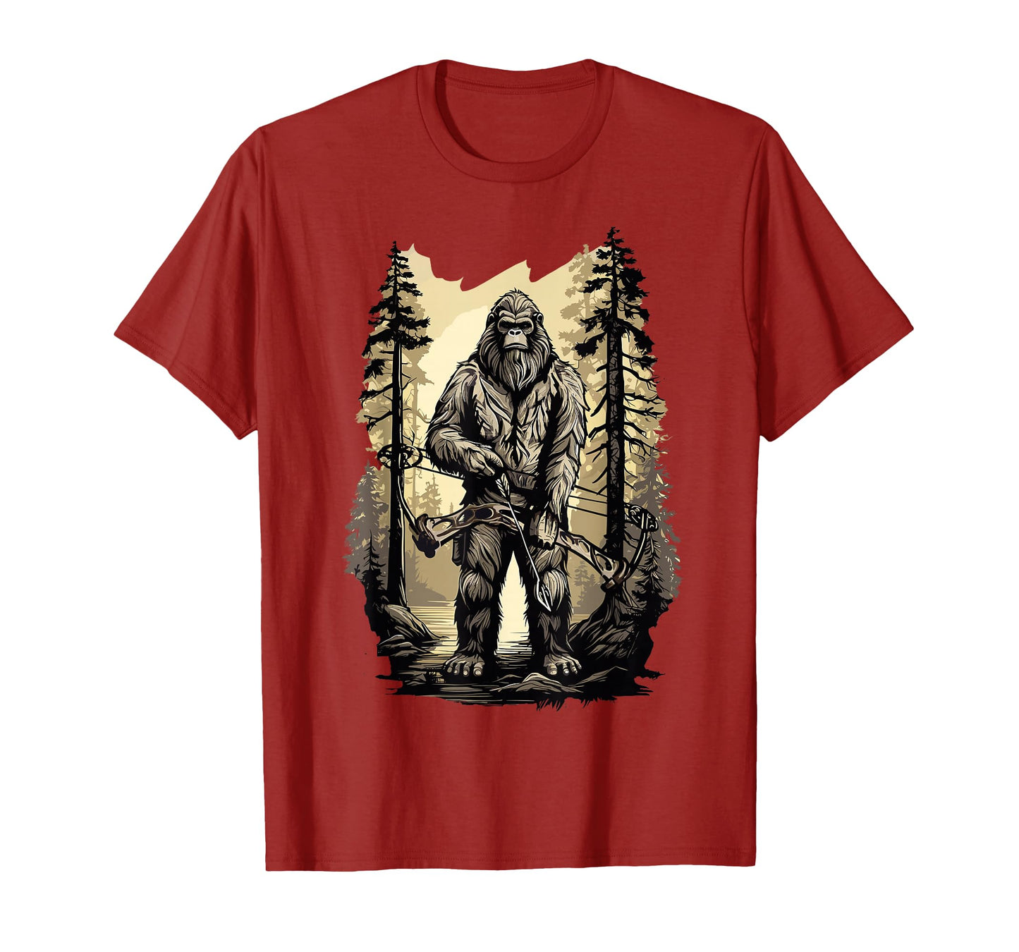Bow Hunting Bigfoot, Funny Bow Hunting Sasquatch T-Shirt, Black, Unisex-Adults, Small, Short Sleeve, Classic Fit, Cotton, Polyester