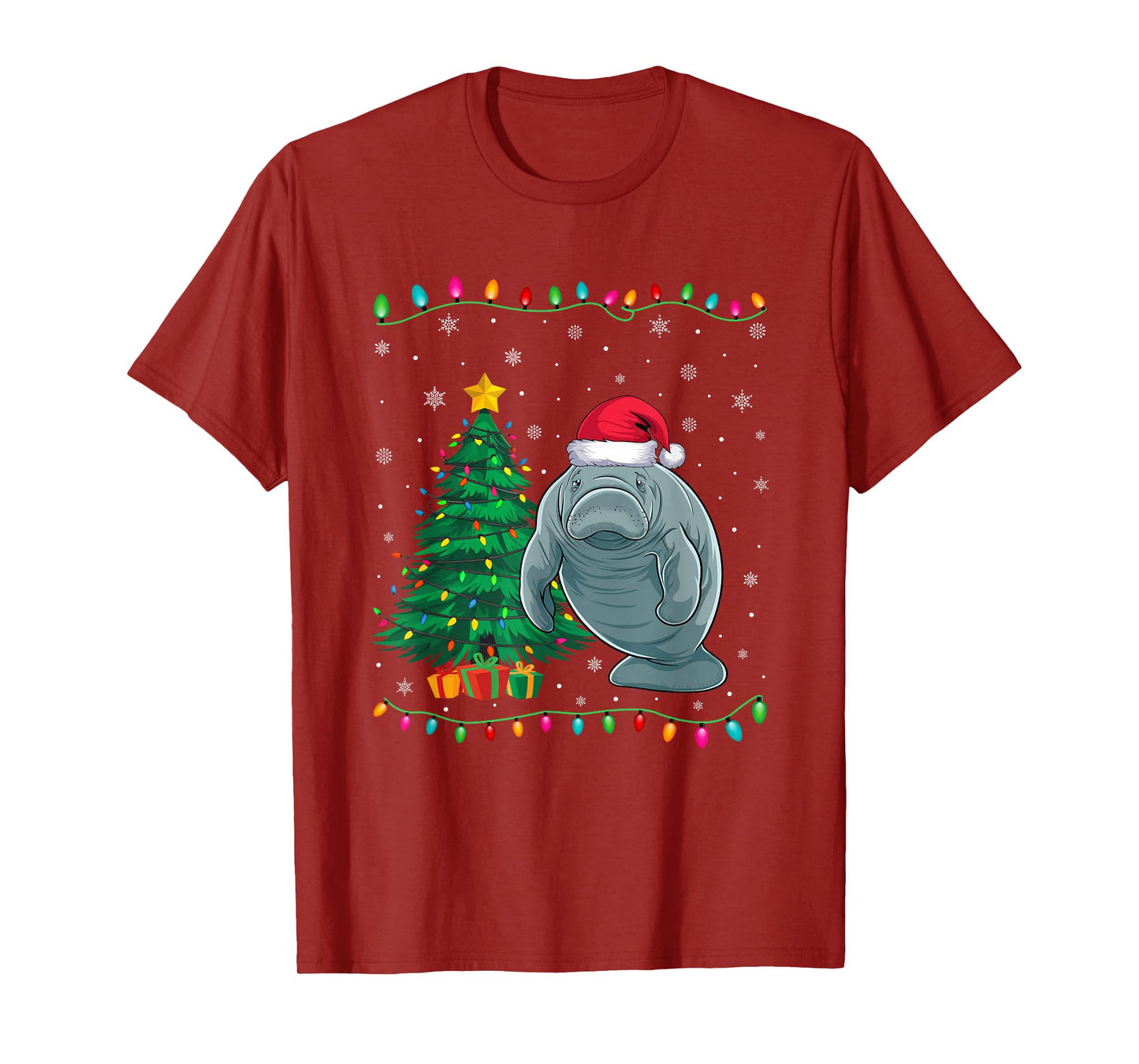 Manatee Santa Hat Men Women Kids Christmas Tree Lights T-Shirt