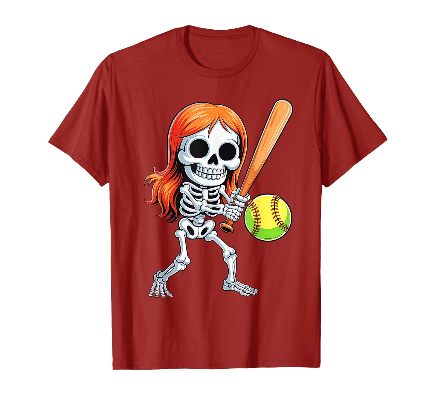 Skeleton Playing Softball Halloween Costume Funny Girls Kids T-Shirt