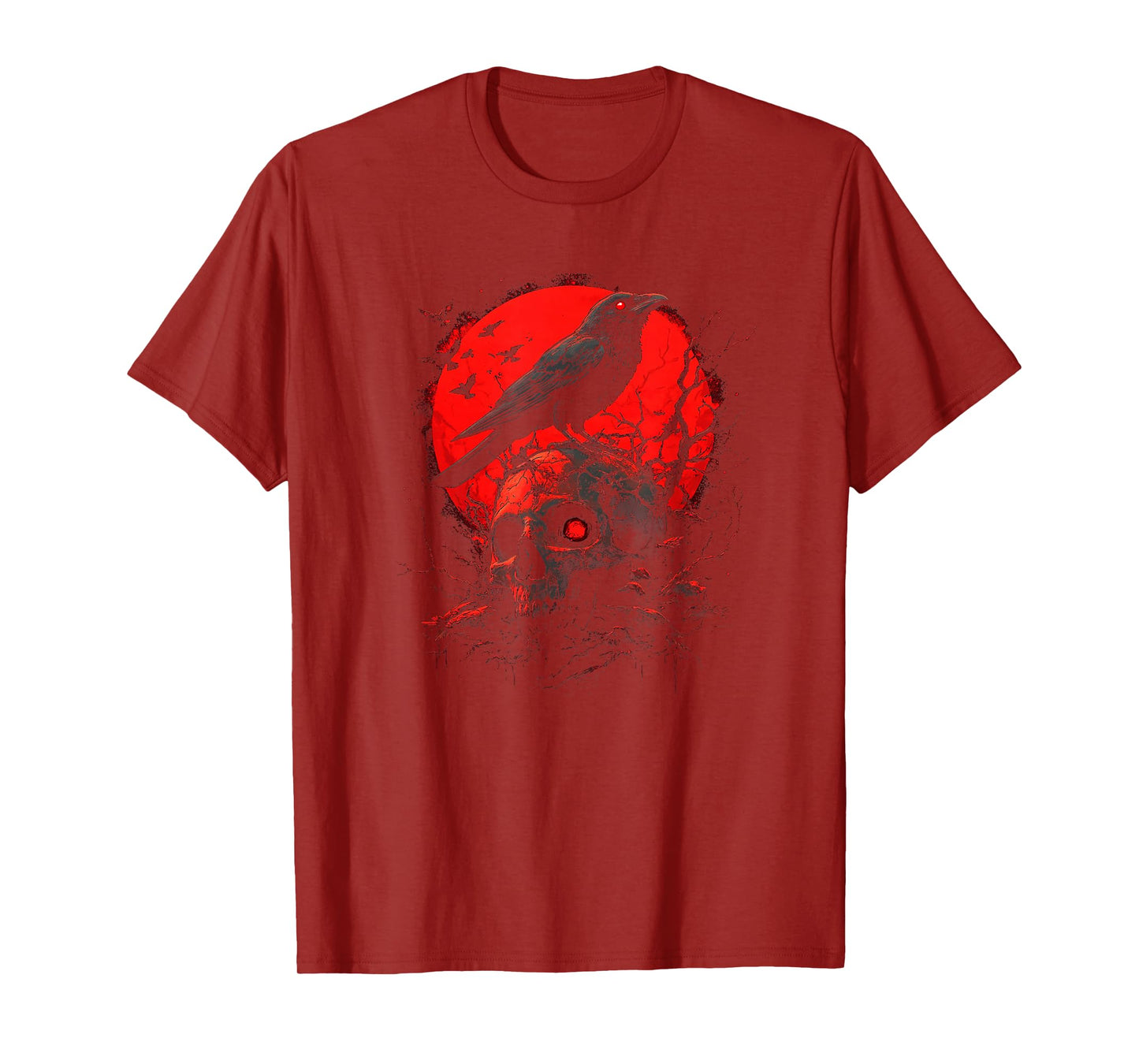 Black Gothic Raven Skull Red Moon Graphic Black Crow T-Shirt