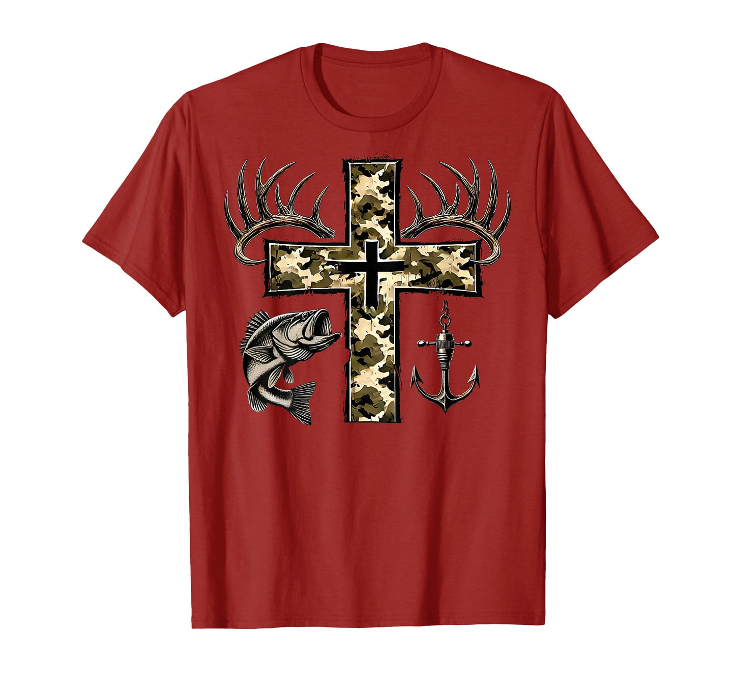 (Back) Hunting Fishing Cross Camo Faith Christian Fisherman T-Shirt
