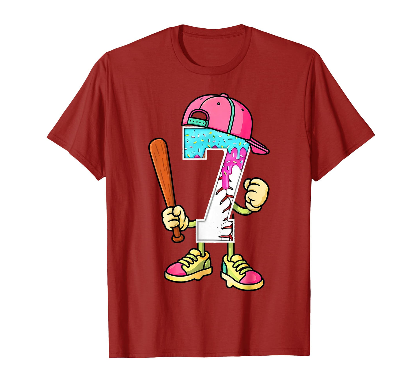 Baseball 7th Birthday Boy Ice Cream Drip 7 Yr Old Birthday T-Shirt