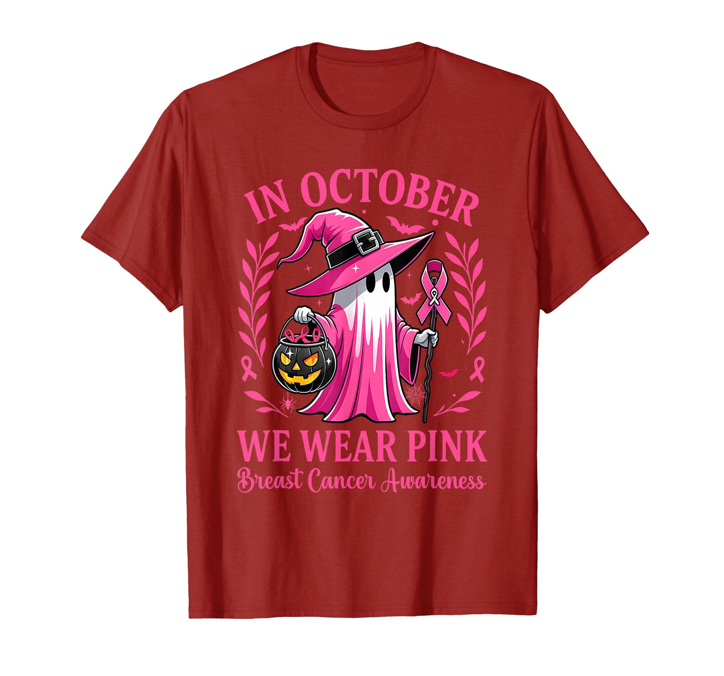 Halloween Pink Ghost Witch Breast Cancer Awareness Women T-Shirt