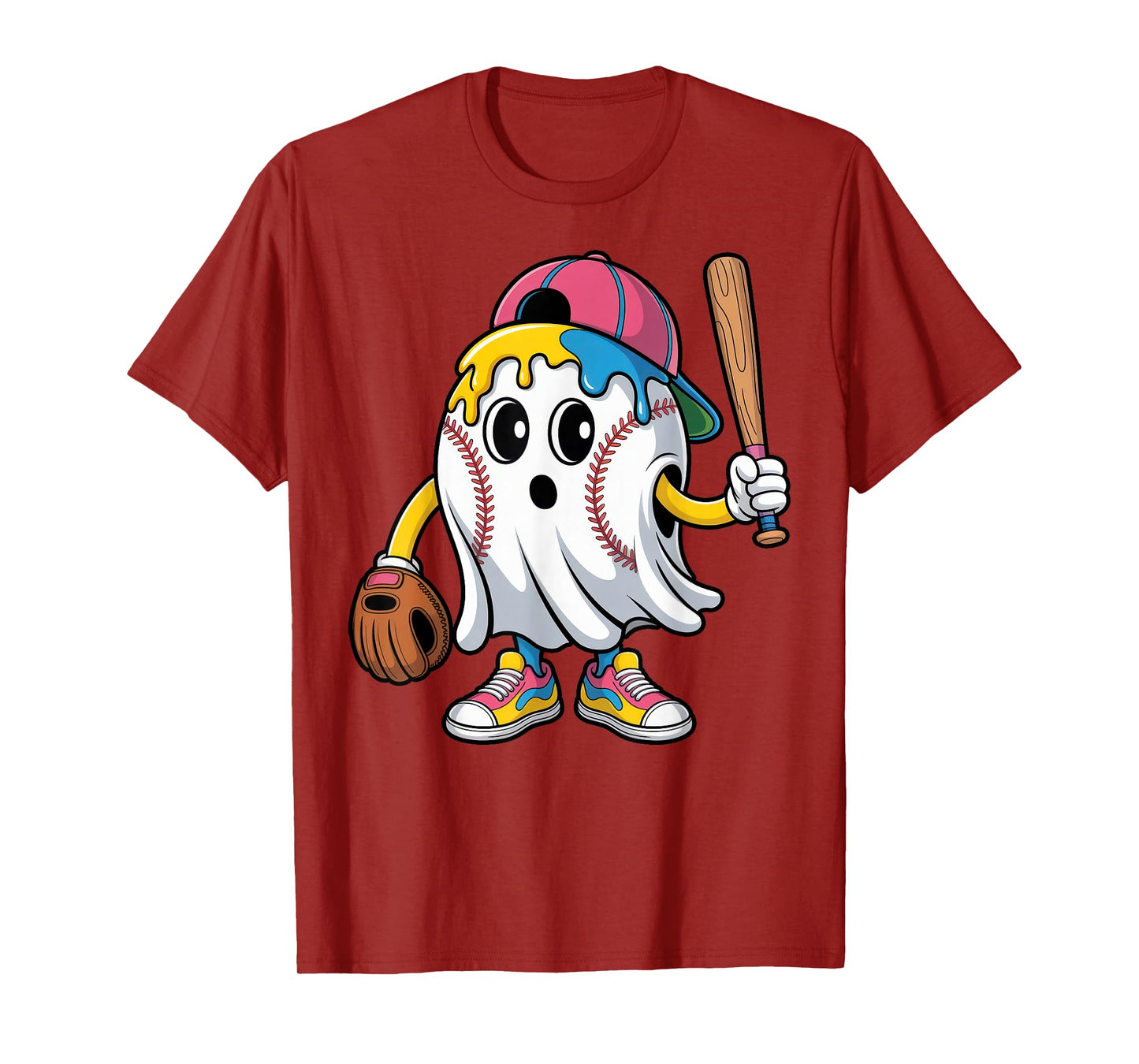 Ice Cream Drip Ghost Baseball Spots Baseball Funny Halloween T-Shirt