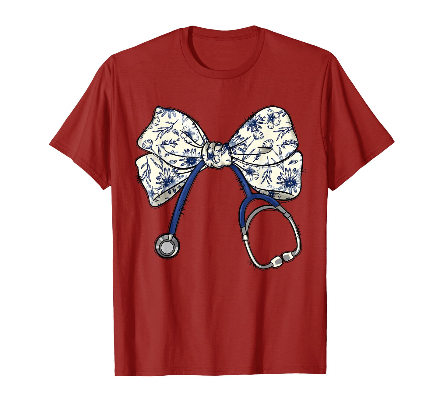 Floral Blue Coquette Bow Nurse Stethoscope Nursing Doctor T-Shirt