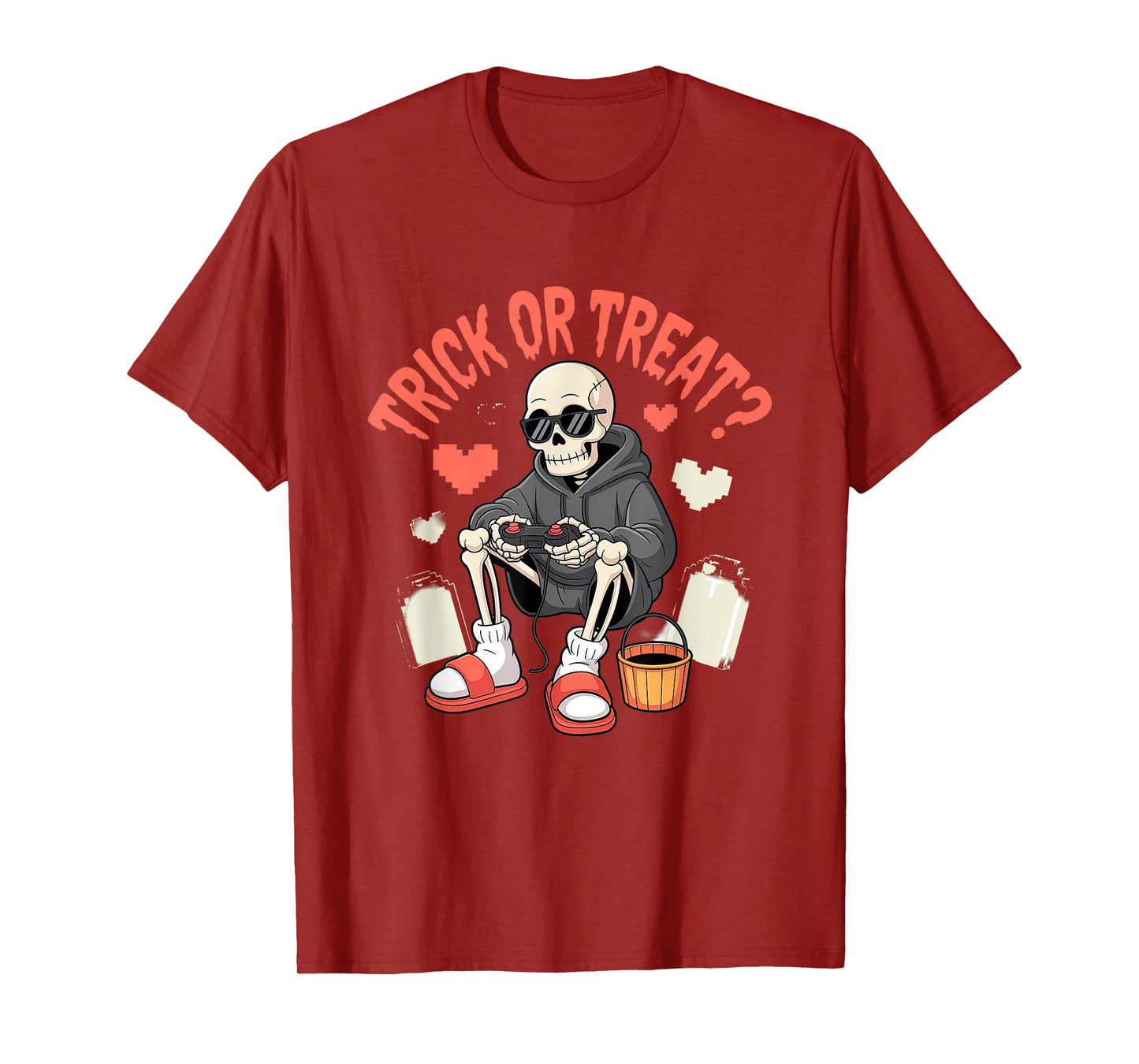 Gamer Skeleton with Controller Spooky Pixel Retro Style T-Shirt