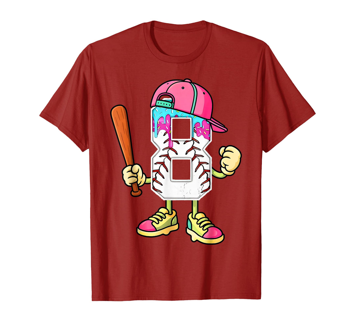 Baseball 8th Birthday Boy Ice Cream Drip 8 Year Old Birthday T-Shirt