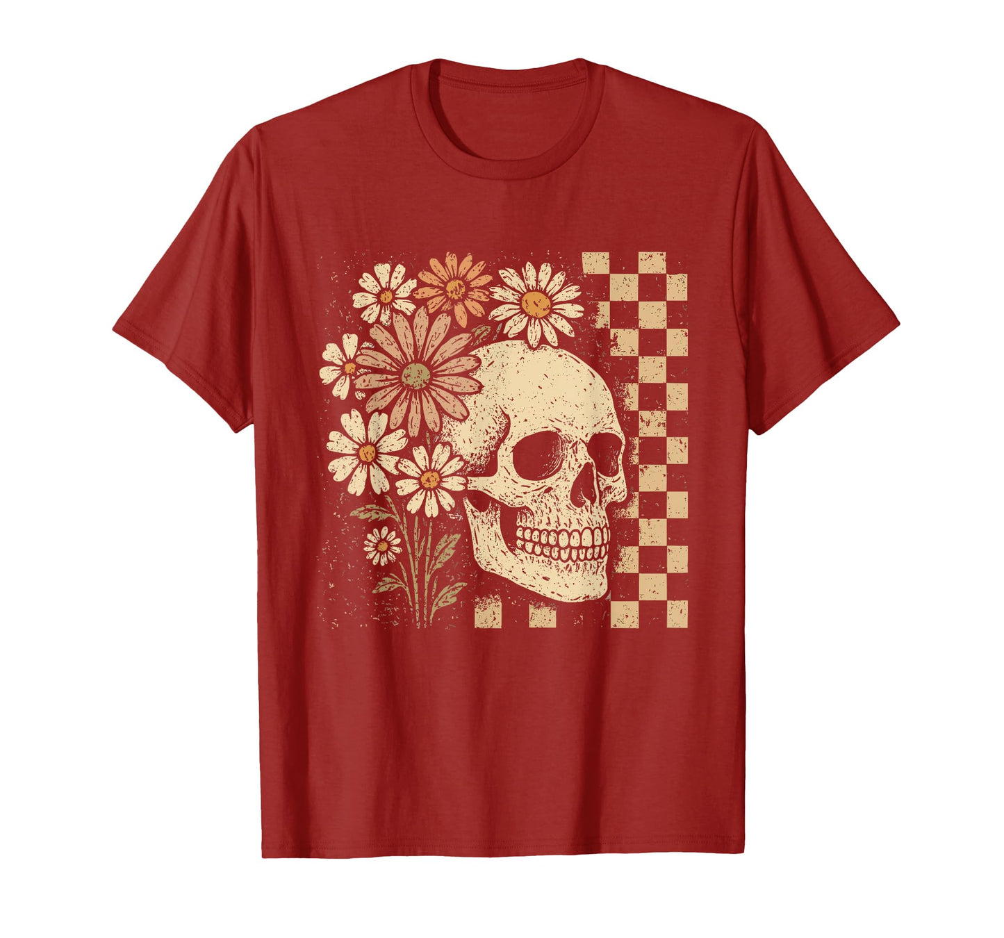Checkered Floral Skeleton Halloween Skull Spooky Season T-Shirt