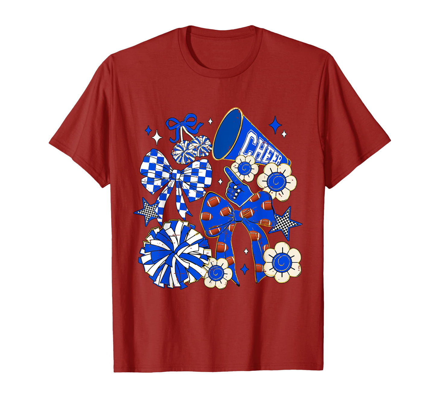 Coquette Bow Blue Cheer Mom Game Day Football Cheerleader T-Shirt