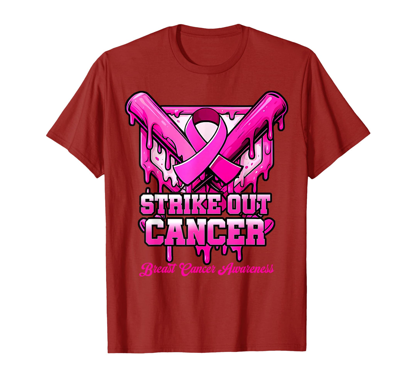 Strike Out Breast Cancer Awareness Baseball Drip Pink Ribbon T-Shirt
