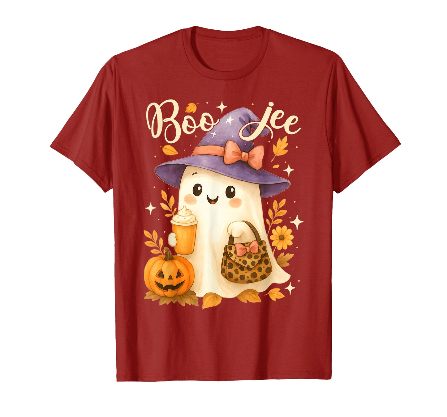 Cute Boo Jee Witch Ghost Halloween Coffee Latte Leopard T-Shirt