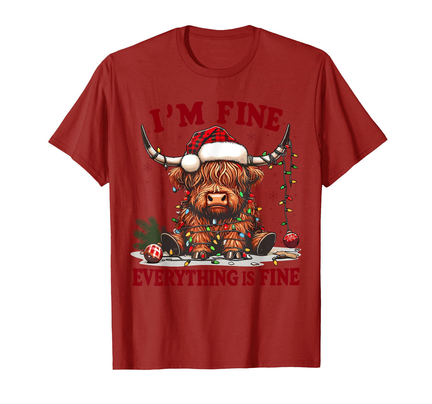 I'm Fine Everything is Fine Funny Christmas Highland Cow T-Shirt