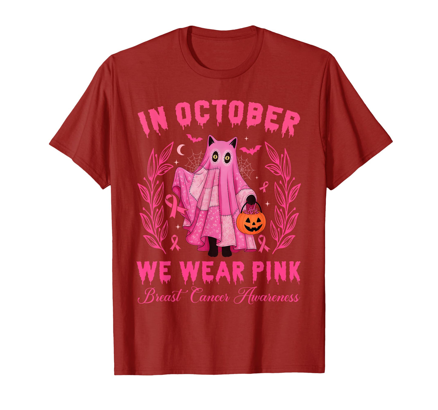 in October, We Wear Pink Halloween Black Cat Cute T-Shirt