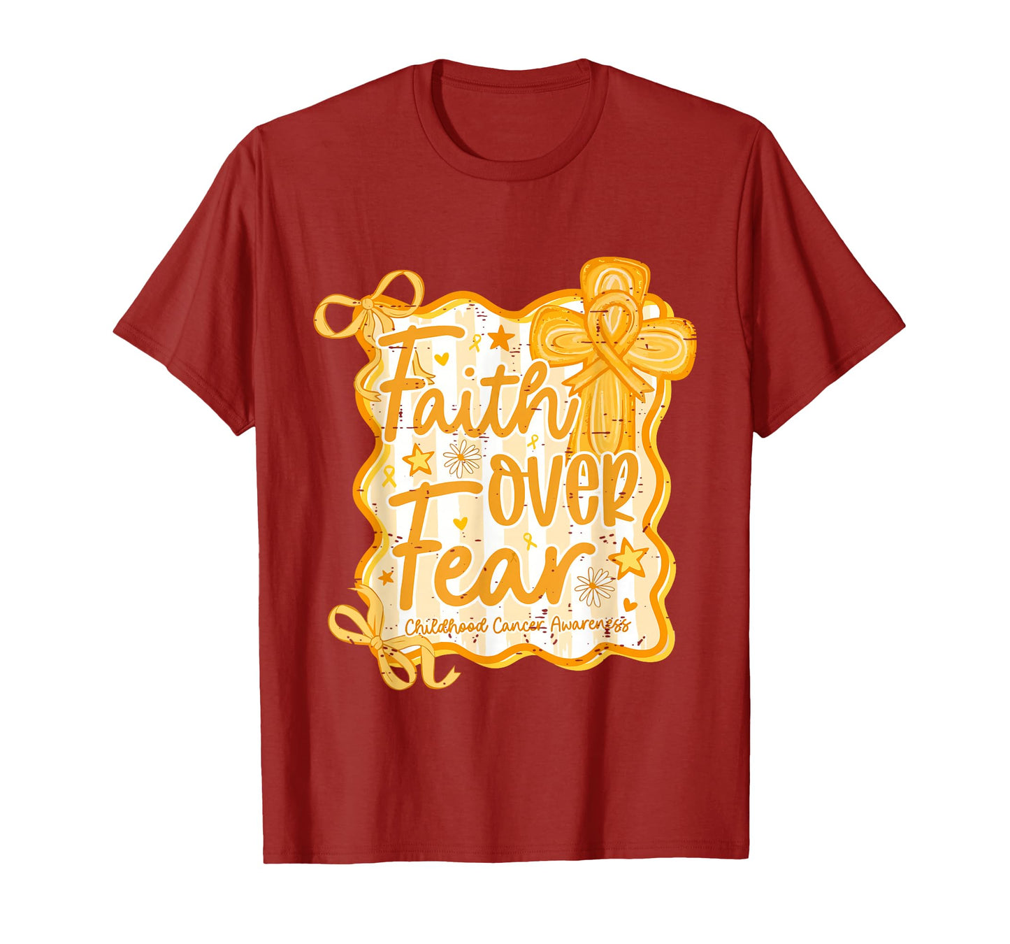 Retro Faith Over Fear Childhood Cancer Awareness Gold Ribbon T-Shirt