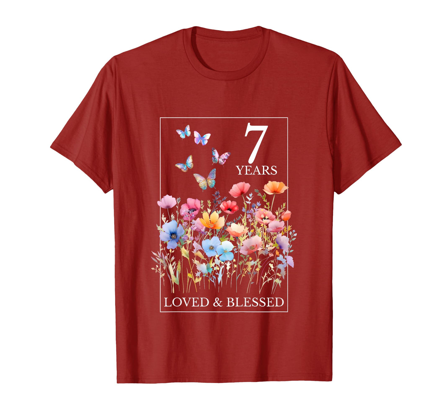 7 Years Loved Blessed Butterfly Flower Stamp 7th Birthday T-Shirt