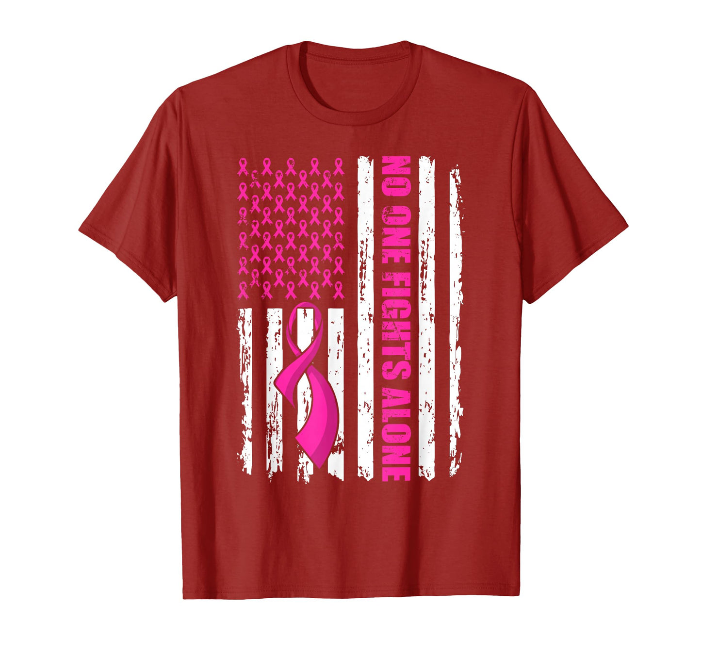 No One Fight Breast Cancer Alone Pink Ribbon American Flag T-Shirt