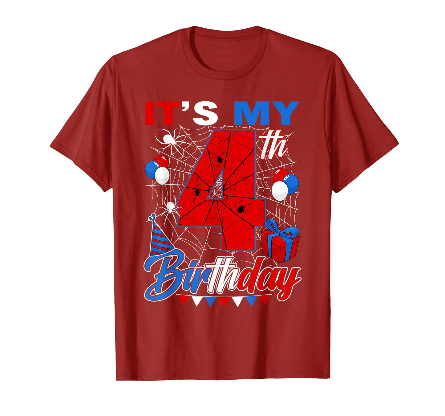 It's My 4th Birthday Spider Theme 4 Year Old Party Boys Kids T-Shirt