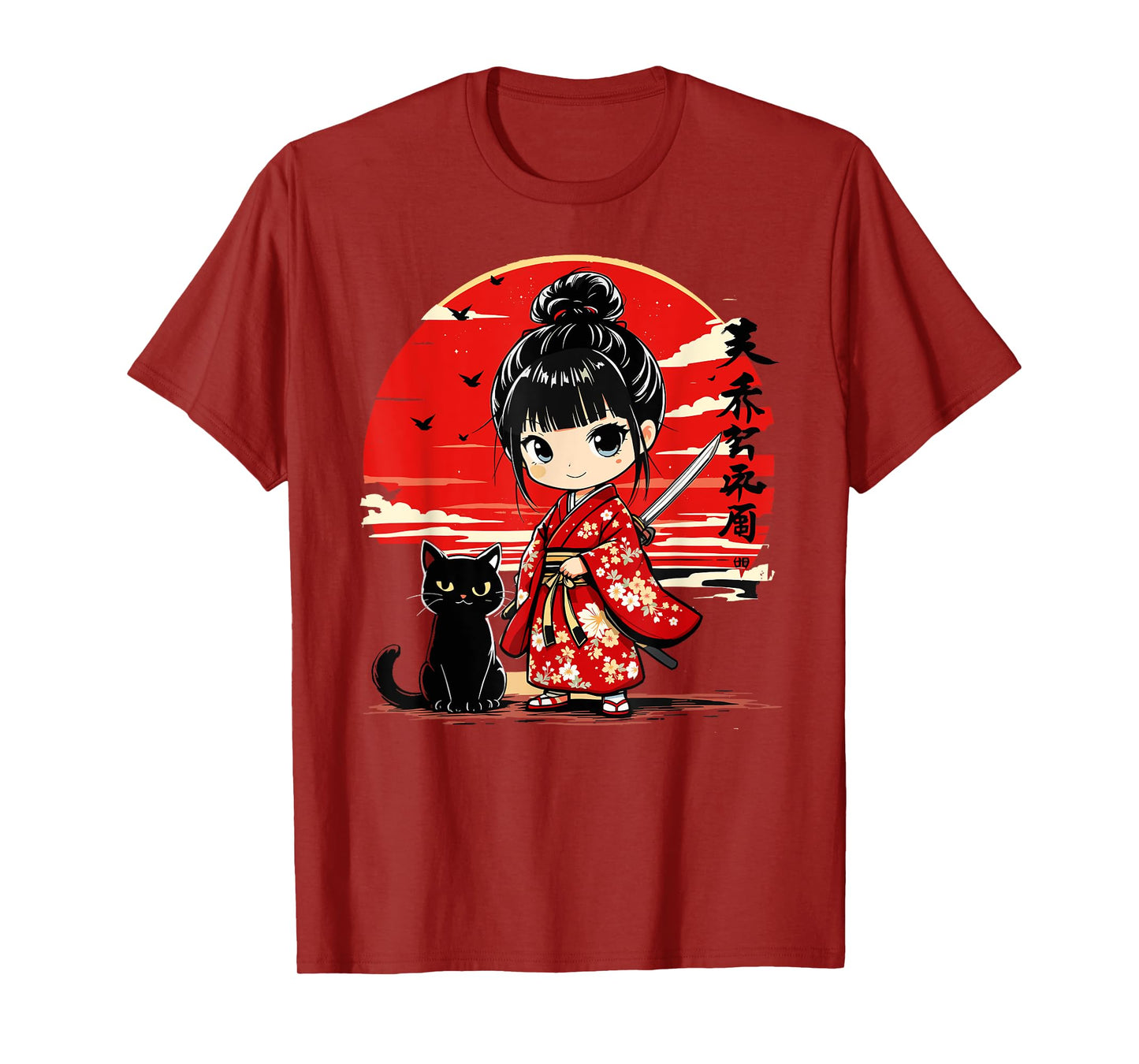 Cute Kawaii Samurai Girl and Cat Japanese Anime Kids Girls T-Shirt