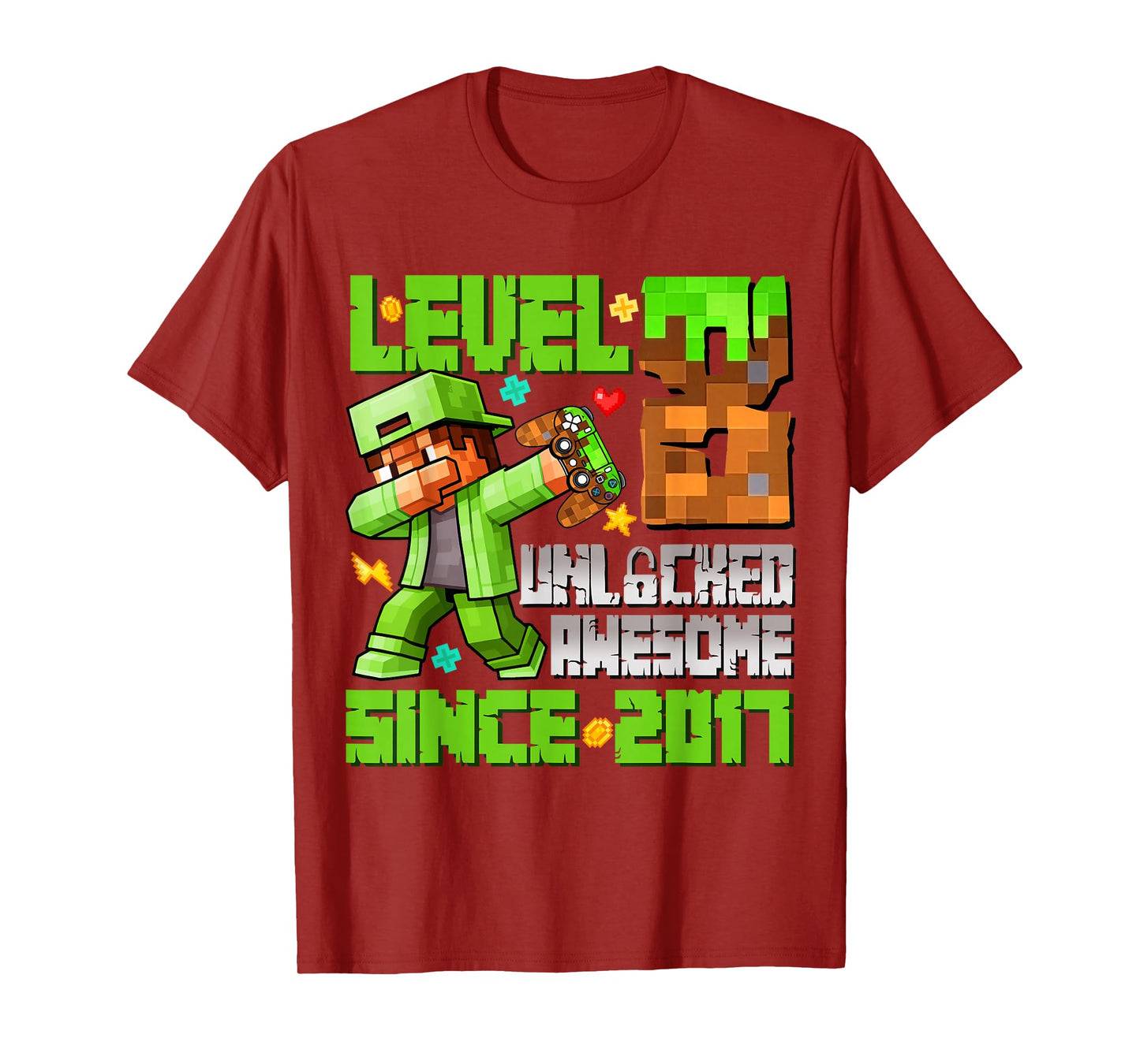 Level 8 Unlocked Awesome Since 2017 8th Birthday Game Pixel T-Shirt