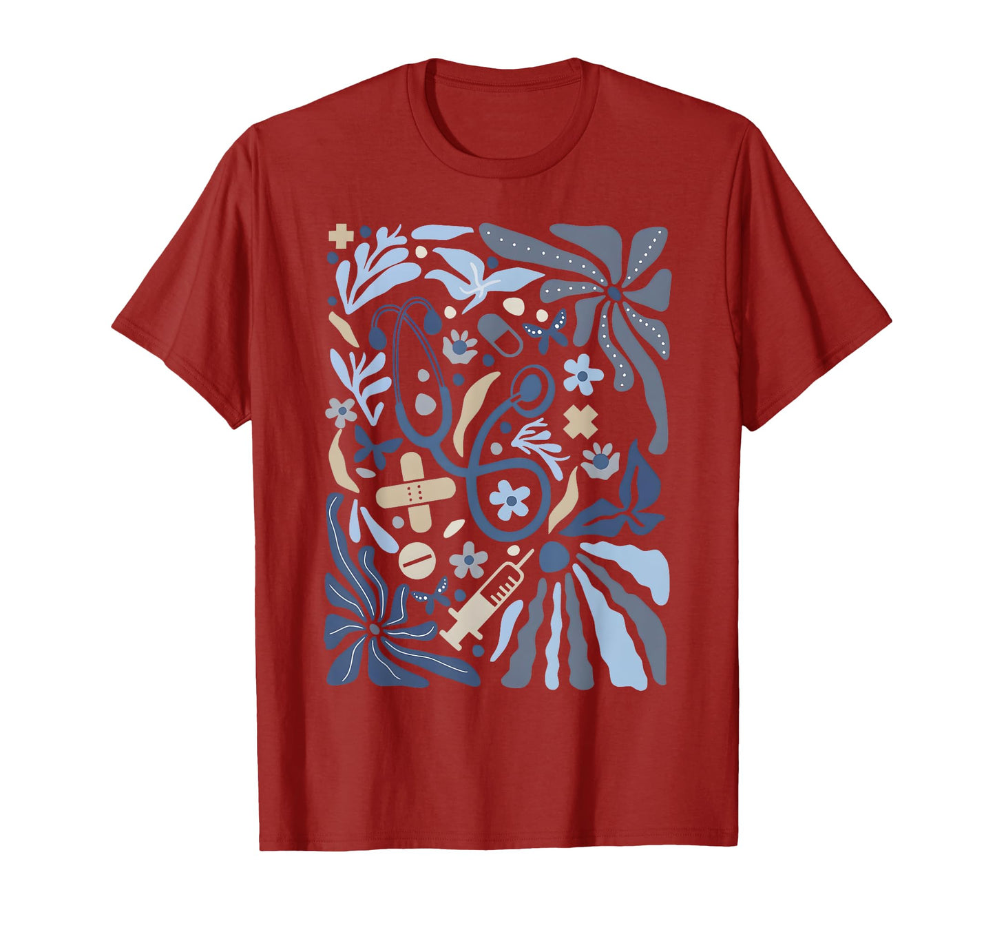 Boho Floral Nurse Vintage Botanical Blue Flowers Stethoscope T-Shirt