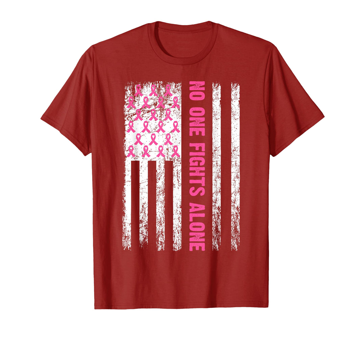 No One Fight Breast Cancer Alone Pink Ribbon American Flag T-Shirt