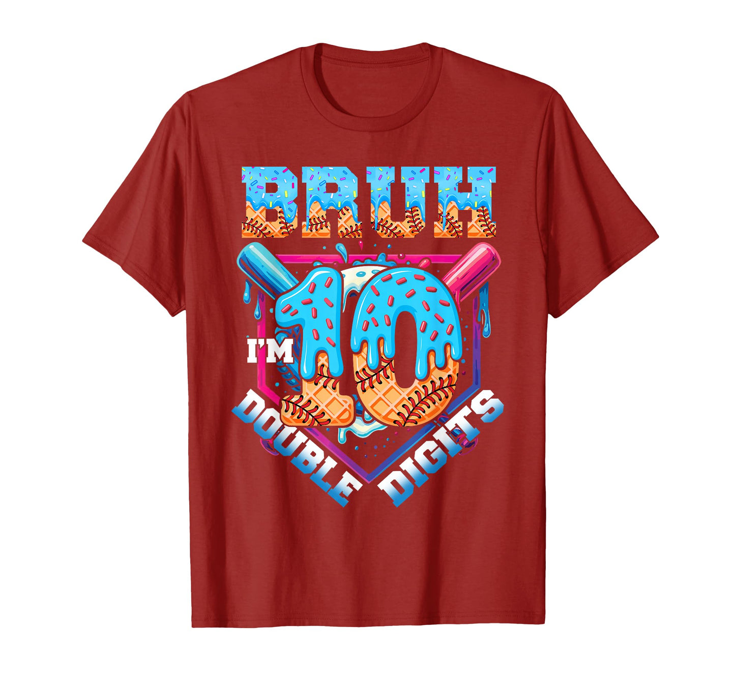 Boys 10 Double Digits 10th Birthday Ice Cream Baseball Drip T-Shirt