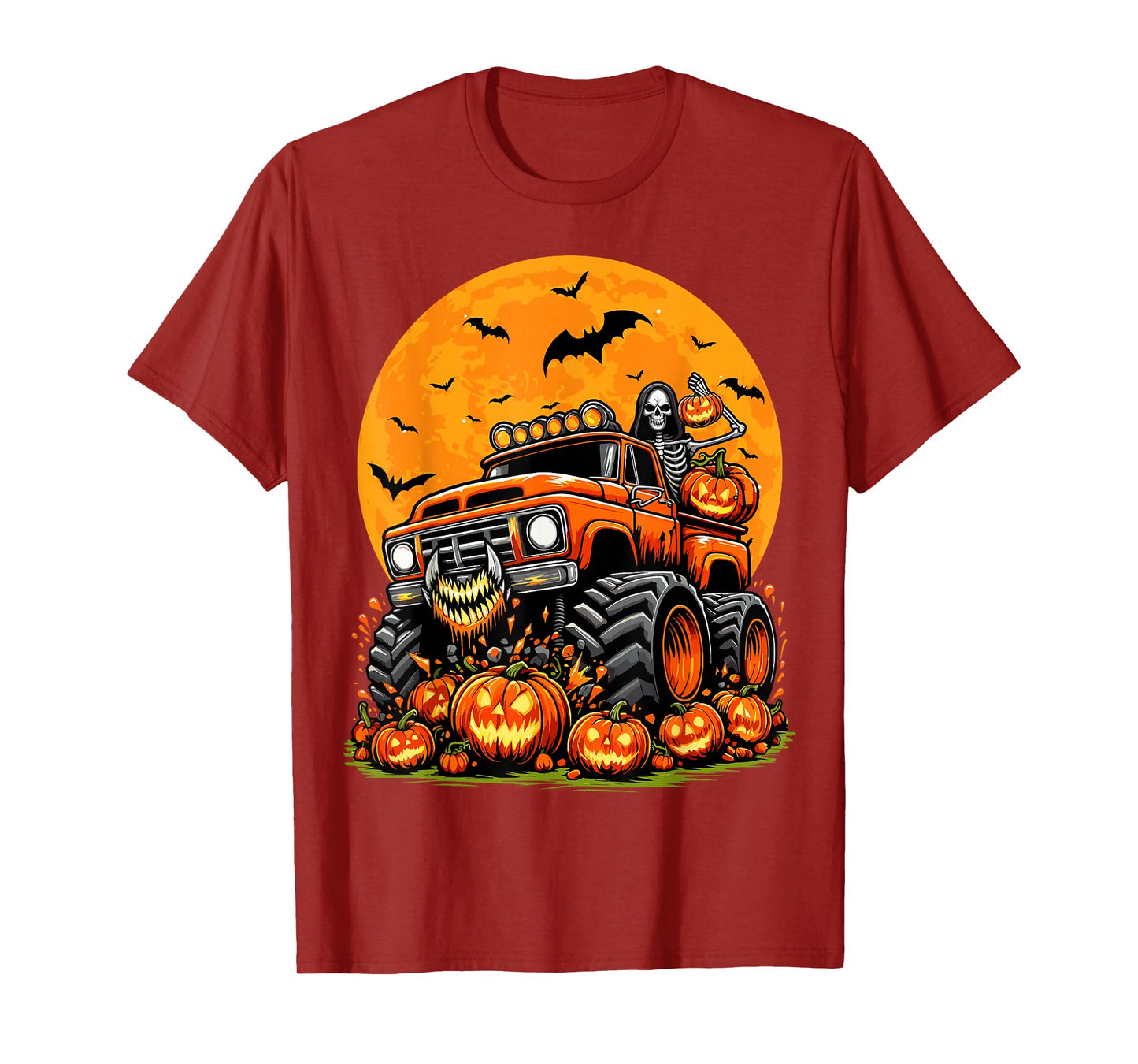 Kids Halloween Monster Truck Skeleton Pumpkin Boys Halloween T-Shirt