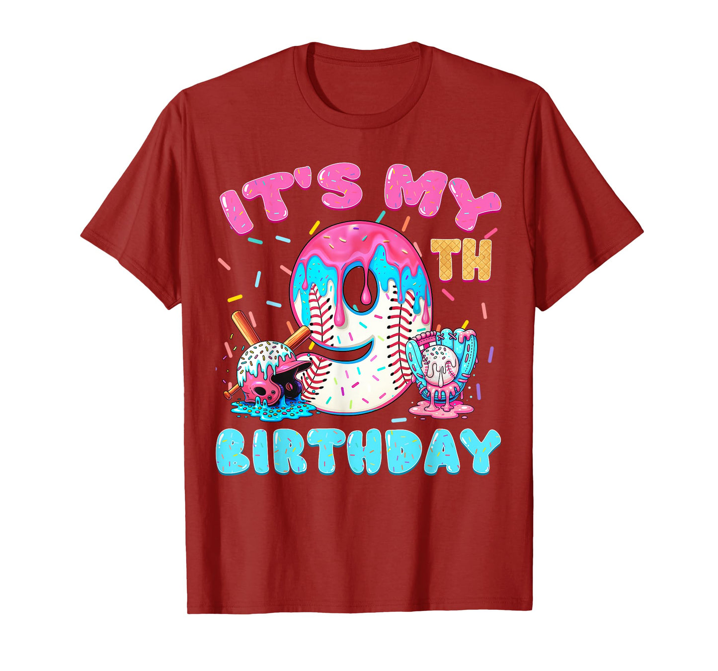 Baseball 9 Year Old Ice Cream Drip 9th Birthday Boy Number 9 T-Shirt
