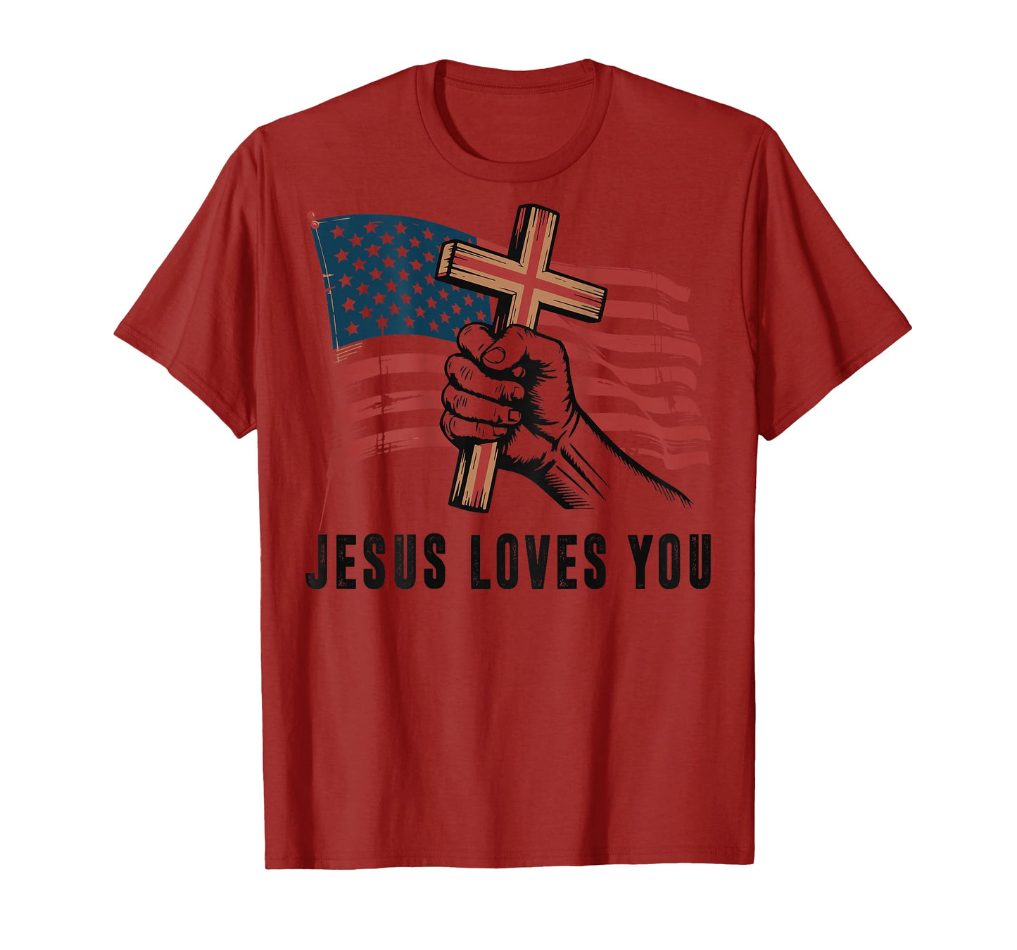 Mens Jesus Loves You American Flag Christian Patriotic Cross T-Shirt