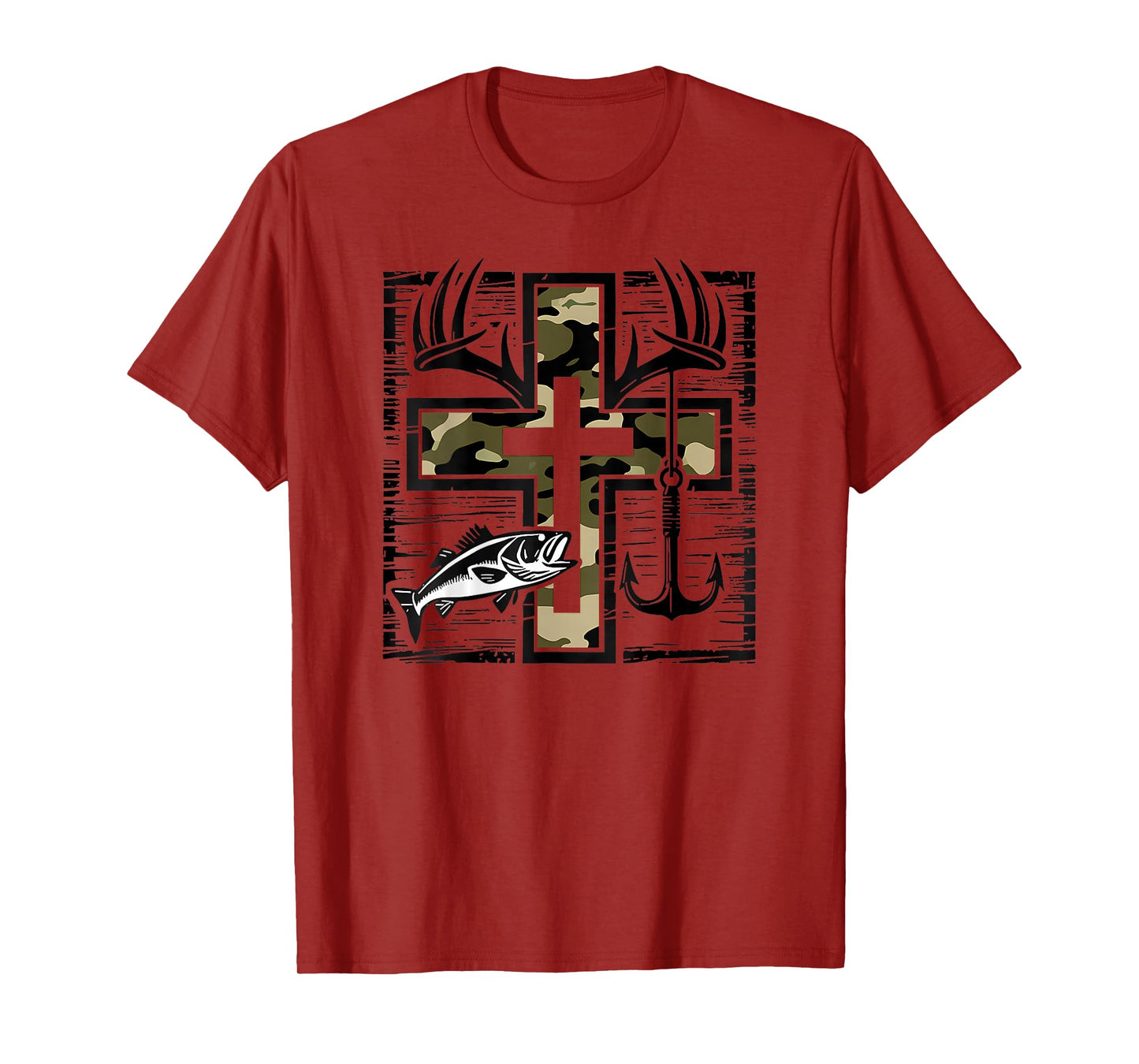Hunting Fishing Cross Camo Faith Christian Fisherman (Back) T-Shirt