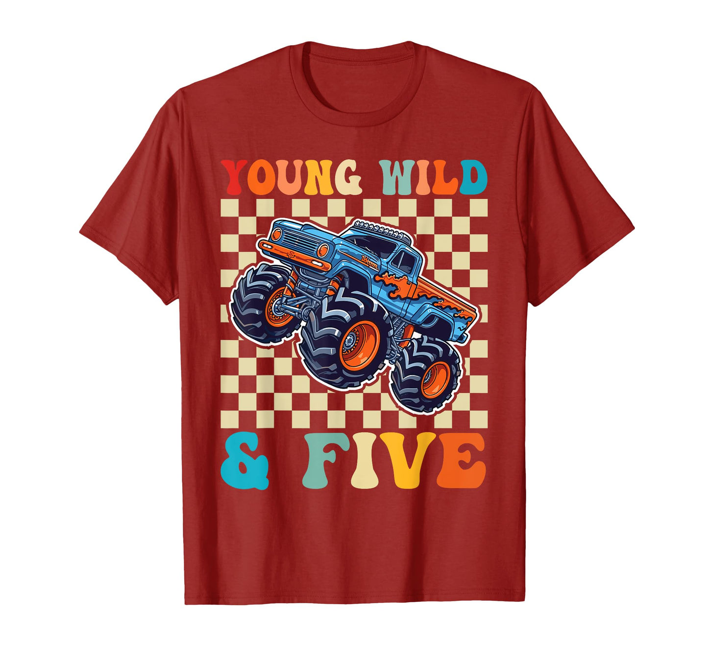 Kids 5th Birthday Monster Truck Young Wild and Five 5 Year T-Shirt