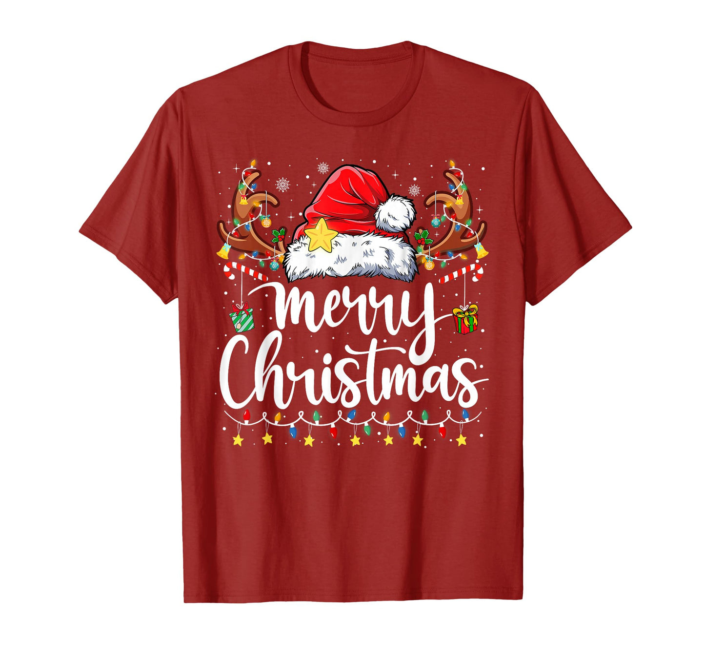 Merry Christmas Lights Red Santa Hat Xmas Family Men Women T-Shirt