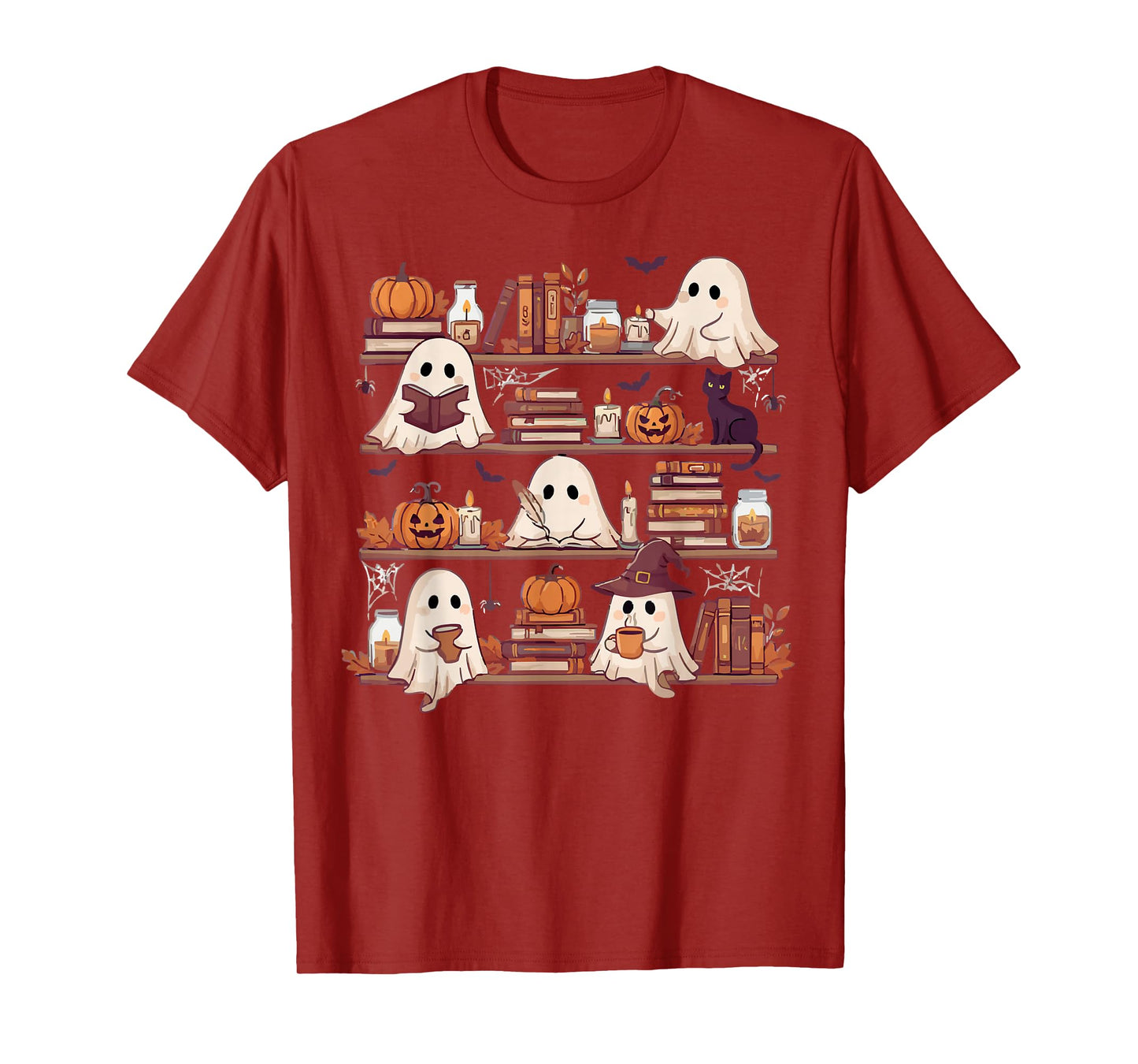 Retro Ghosts Reading Book Halloween Bookshelf Spooky Library T-Shirt