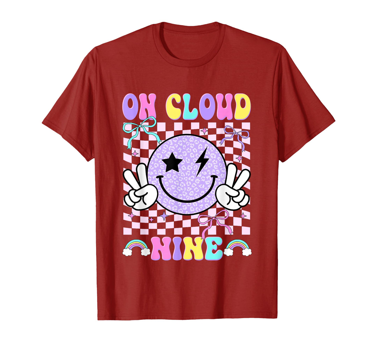 On-Cloud Nine Checkered Smile Face Coquette 9th Birthday Kid T-Shirt