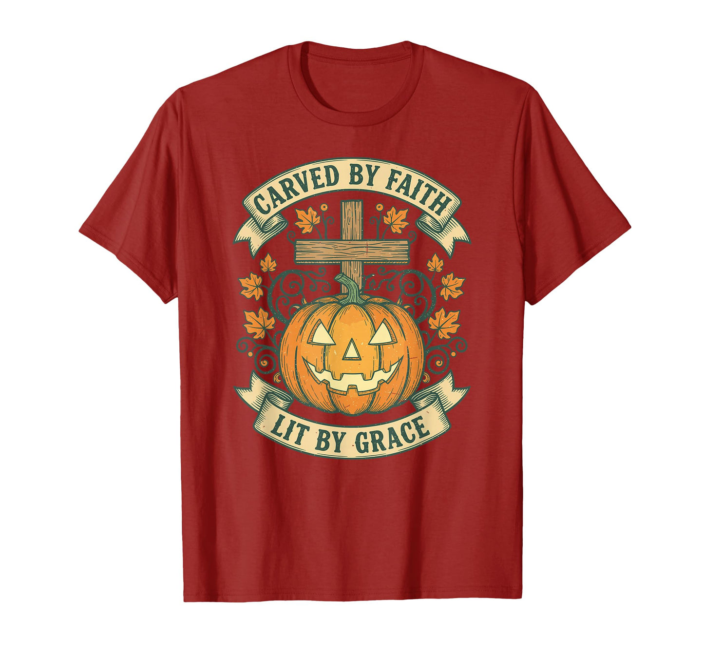 Carved by Faith Lit by Grace Vintage Pumpkin Cross Autumn T-Shirt