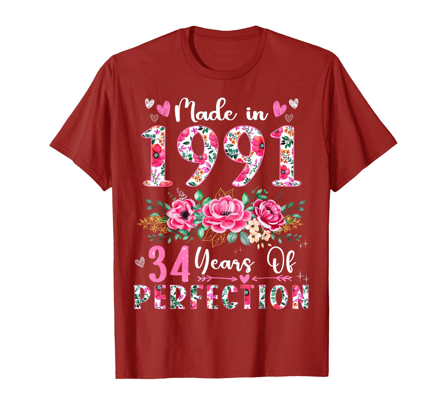 34 Year Old Made In 1991 Floral 34th Birthday Women T-Shirt