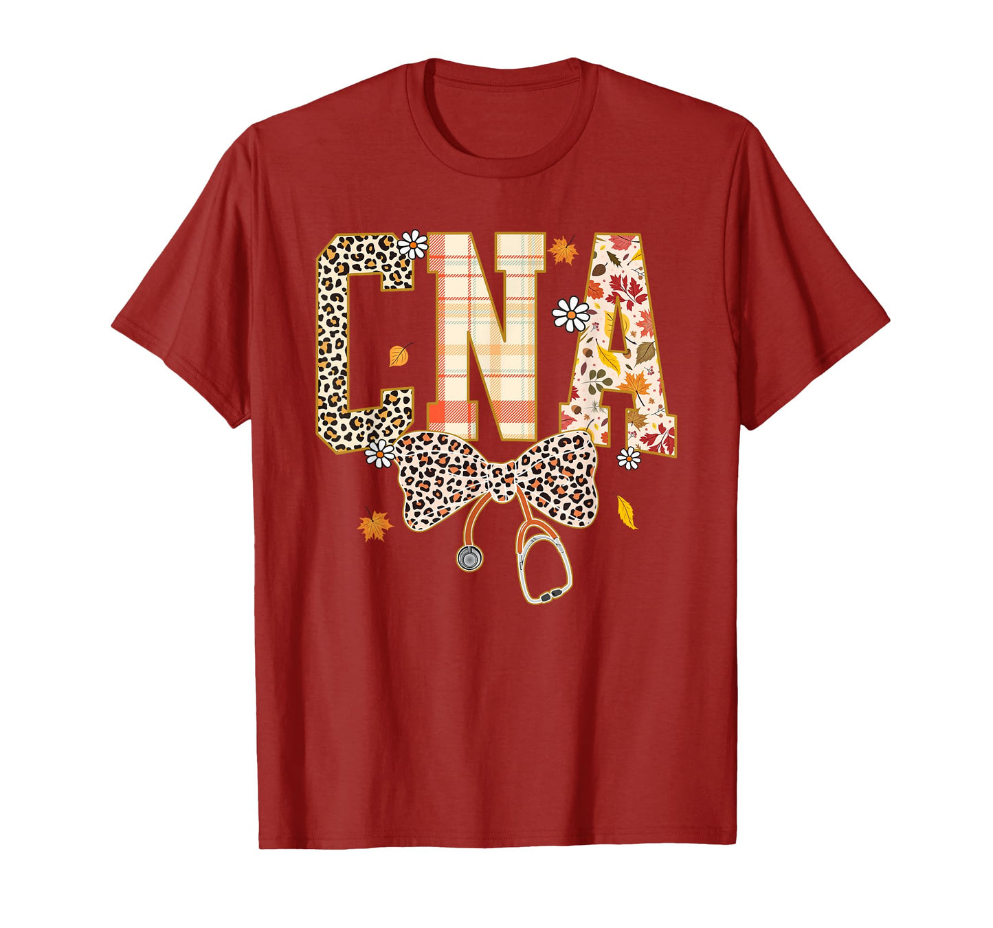 CNA Fall Plaid Leopard Bow Stethoscope T-Shirt