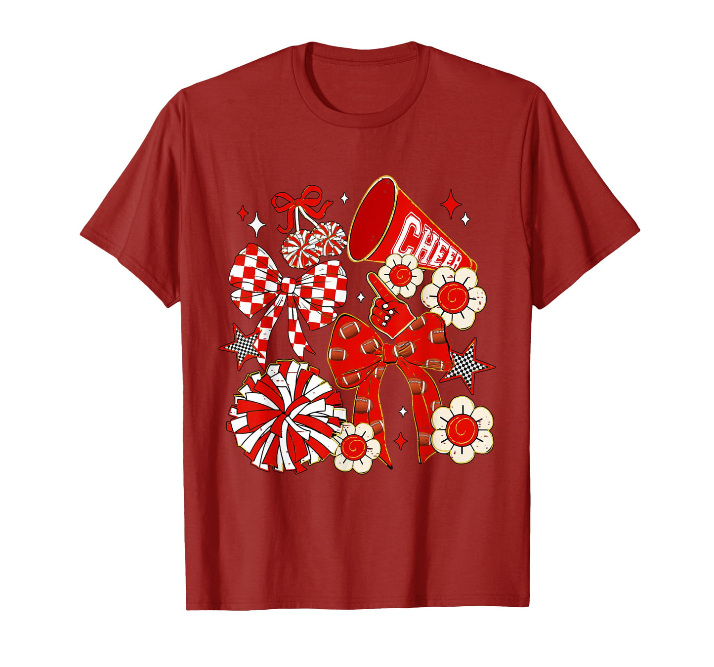 Coquette Bow Red Cheer Mom Game Day Football Cheerleader T-Shirt
